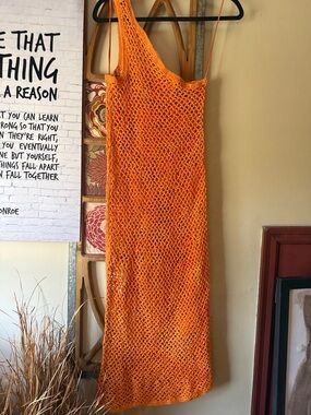 Free People Beach Orange One-Shoulder Crochet Maxi Dress